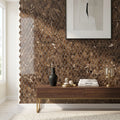 Emperador Dark (Spanish) Marble 1x2 Polished Diamond / Rhomboid Mosaic — Living Room accent wall