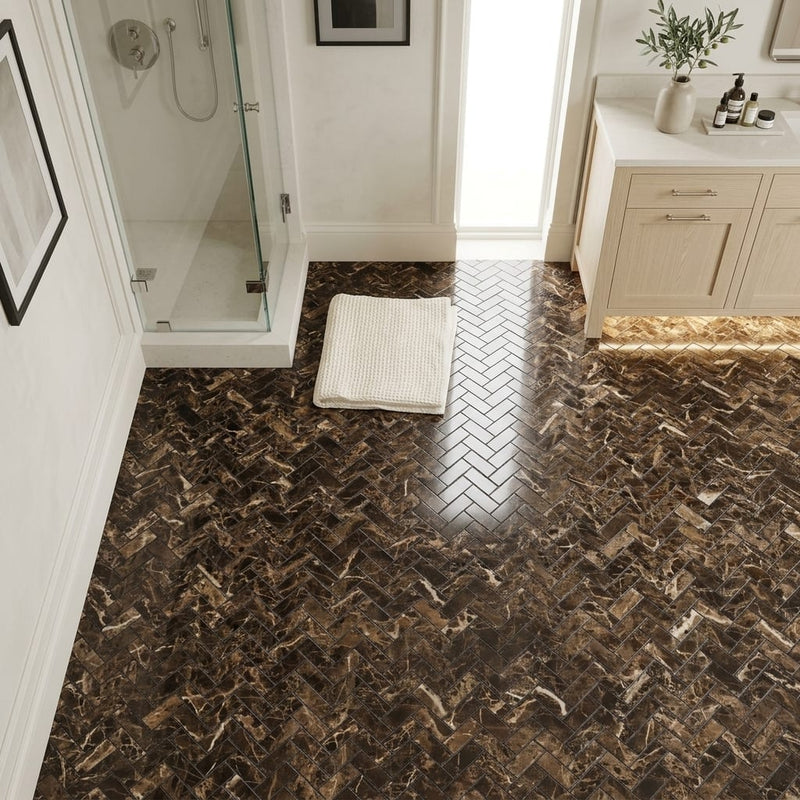 Emperador Dark (Spanish) Marble 1x2 Polished Herringbone Mosaic — Bathroom floor