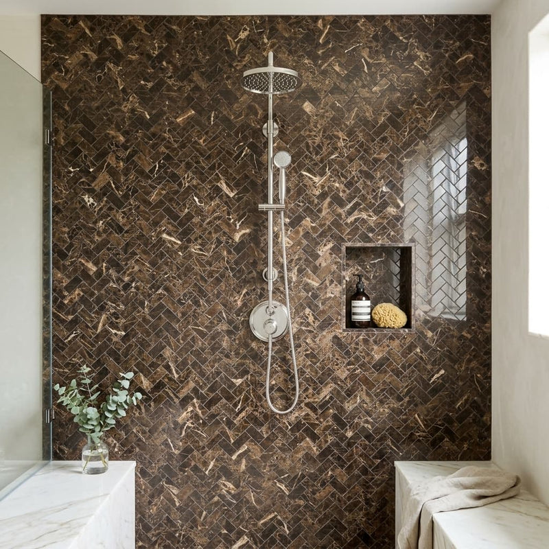 Emperador Dark (Spanish) Marble 1x2 Polished Herringbone Mosaic — Bathroom shower wall