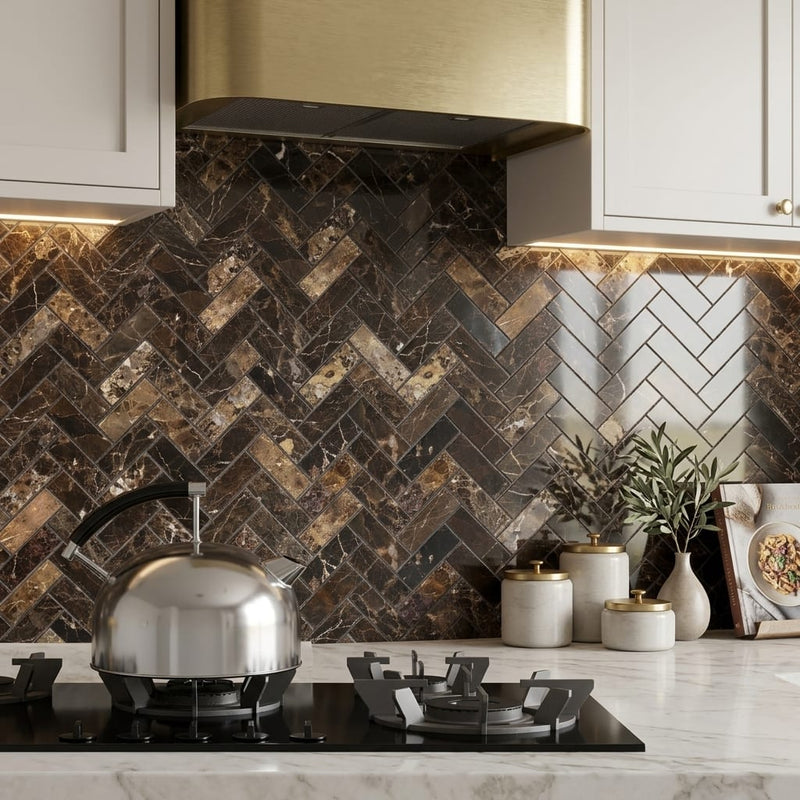 Emperador Dark (Spanish) Marble 1x3 Polished Herringbone Mosaic — Kitchen backsplash