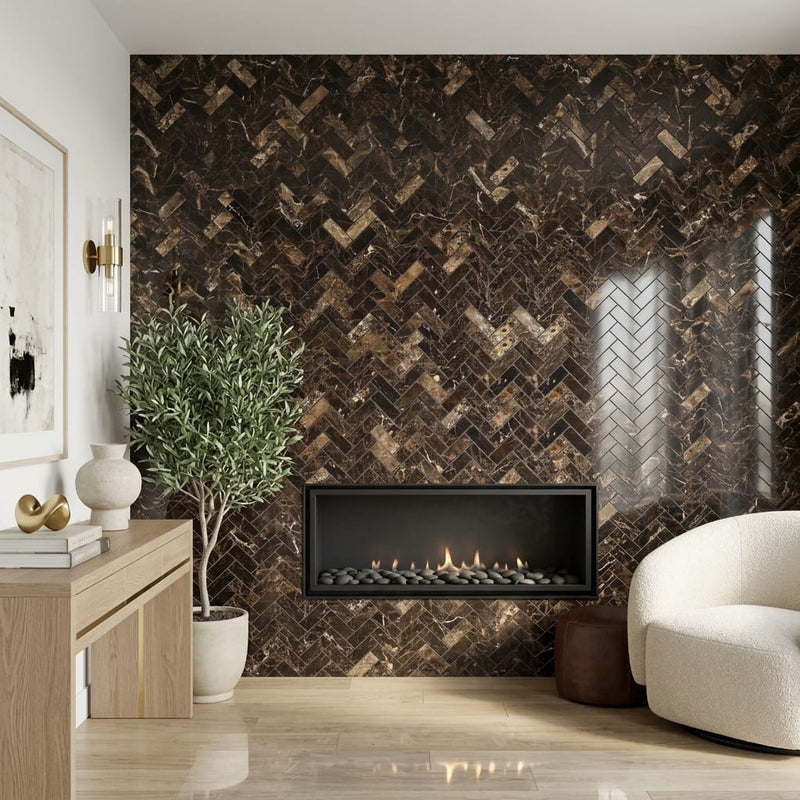 Emperador Dark (Spanish) Marble 1x3 Polished Herringbone Mosaic — Living Room accent wall