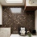 Emperador Dark (Spanish) Marble 1x4 Polished Herringbone Mosaic — Bathroom floor