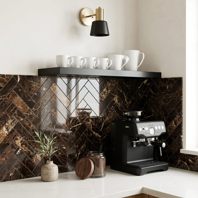 Emperador Dark (Spanish) Marble 1x4 Polished Herringbone Mosaic — Kitchen backsplash