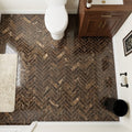 Emperador Dark (Spanish) Marble 1x4 Polished Herringbone Mosaic — Powder Room floor
