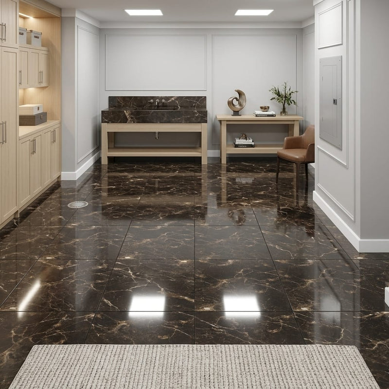 Emperador Dark (Spanish) Marble 12x12 Polished Tile — Basement floor