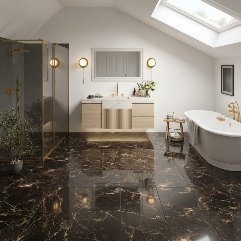 Emperador Dark (Spanish) Marble 12x12 Polished Tile — Bathroom floor