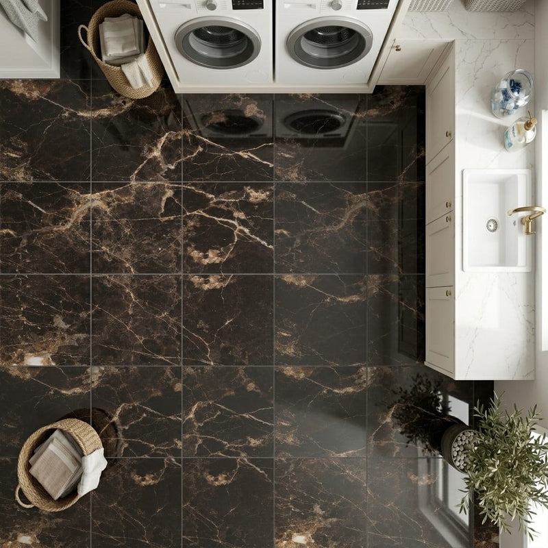 Emperador Dark (Spanish) Marble 12x12 Polished Tile — Laundry Room floor