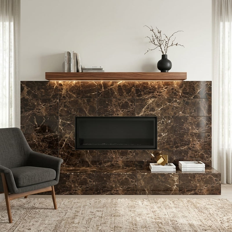 Emperador Dark (Spanish) Marble 12x24 Polished Tile — Living Room fireplace surround