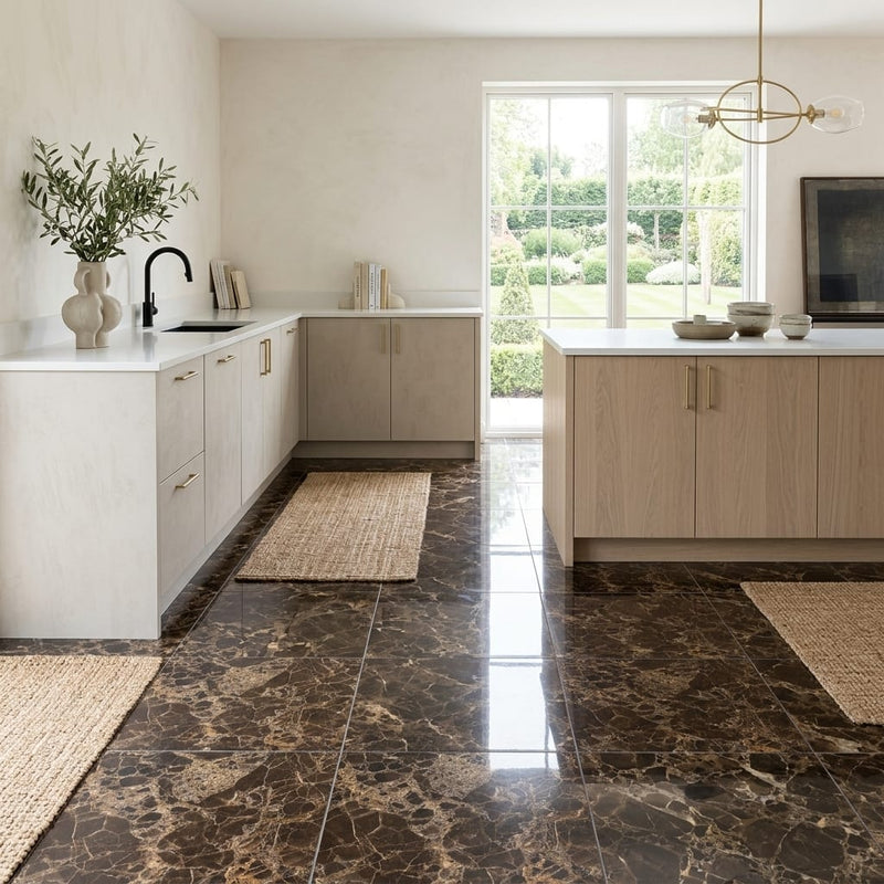 Emperador Dark (Spanish) Marble 18x18 Polished Tile — Kitchen floor