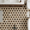 Emperador Dark (Spanish) Marble 2x2 Polished Hexagon Mosaic Vortex Hexagon (w/ Crema Marfil) — Bathroom floor