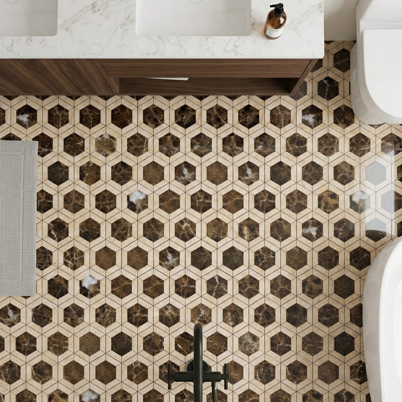 Emperador Dark (Spanish) Marble 2x2 Polished Hexagon Mosaic Vortex Hexagon (w/ Crema Marfil) — Bathroom floor