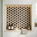 Emperador Dark (Spanish) Marble 2x2 Polished Hexagon Mosaic Vortex Hexagon (w/ Crema Marfil) — Bathroom niche