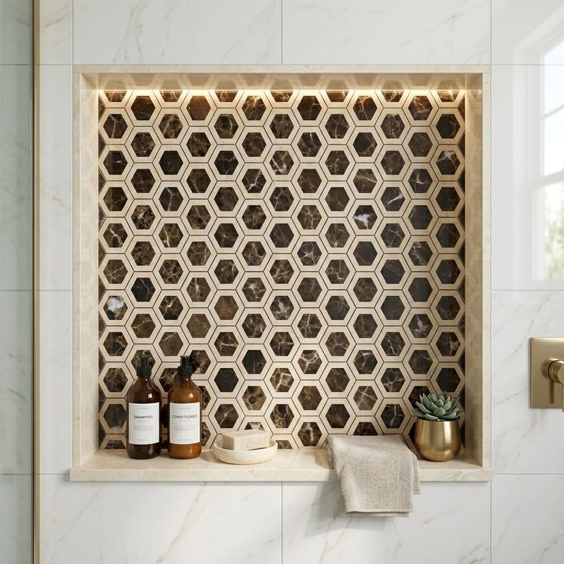 Emperador Dark (Spanish) Marble 2x2 Polished Hexagon Mosaic Vortex Hexagon (w/ Crema Marfil) — Bathroom niche