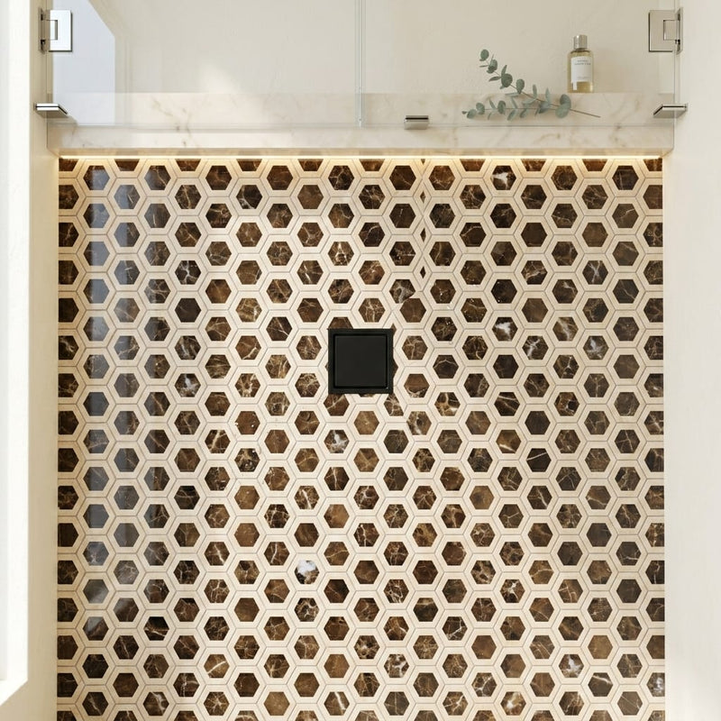 Emperador Dark (Spanish) Marble 2x2 Polished Hexagon Mosaic Vortex Hexagon (w/ Crema Marfil) — Bathroom shower floor
