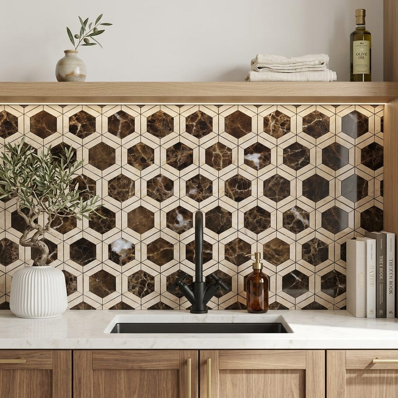 Emperador Dark (Spanish) Marble 2x2 Polished Hexagon Mosaic Vortex Hexagon (w/ Crema Marfil) — Kitchen backsplash