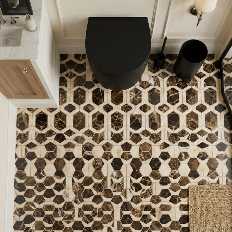 Emperador Dark (Spanish) Marble 2x2 Polished Hexagon Mosaic Vortex Hexagon (w/ Crema Marfil) — Powder Room floor