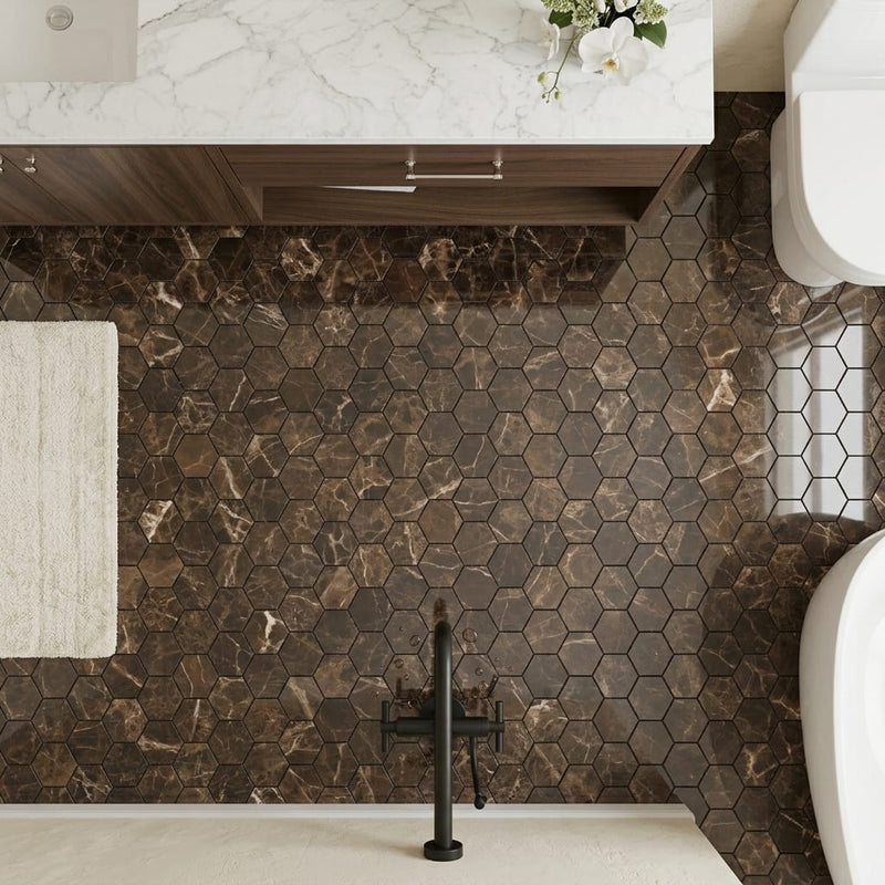 Emperador Dark (Spanish) Marble 2x2 Polished Hexagon Mosaic — Bathroom floor