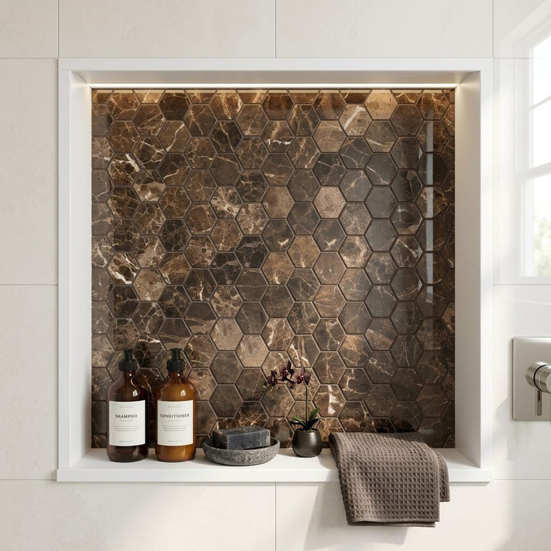 Emperador Dark (Spanish) Marble 2x2 Polished Hexagon Mosaic — Bathroom niche