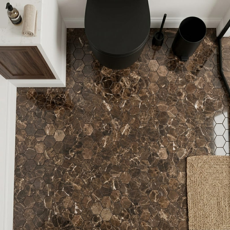 Emperador Dark (Spanish) Marble 2x2 Polished Hexagon Mosaic — Powder Room floor
