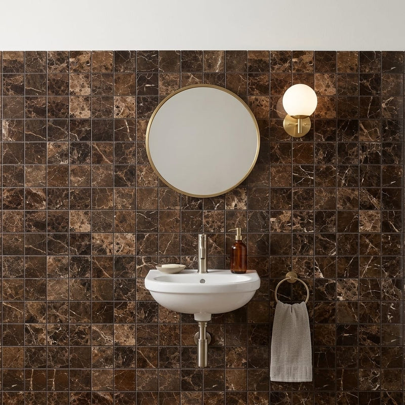 Emperador Dark (Spanish) Marble 2x2 Polished Mosaic — Powder Room wall