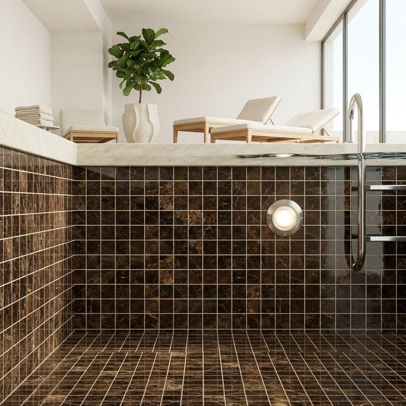 Emperador Dark (Spanish) Marble 2x2 Polished Mosaic — Swimming Pool pool interior tiling