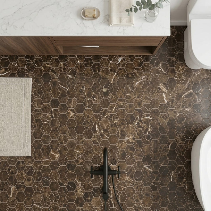 Emperador Dark (Spanish) Marble 2x2 Tumbled Hexagon Mosaic — Bathroom floor