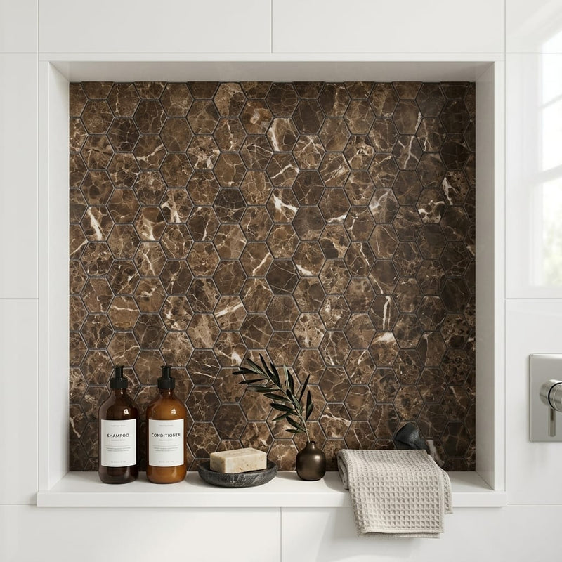 Emperador Dark (Spanish) Marble 2x2 Tumbled Hexagon Mosaic — Bathroom niche