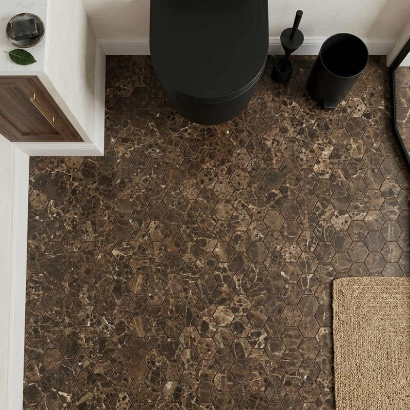 Emperador Dark (Spanish) Marble 2x2 Tumbled Hexagon Mosaic — Powder Room floor