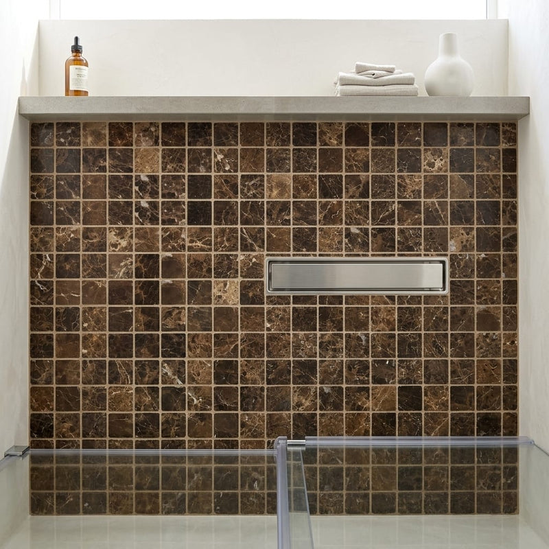 Emperador Dark (Spanish) Marble 2x2 Tumbled Mosaic — Bathroom shower floor
