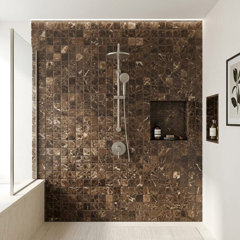 Emperador Dark (Spanish) Marble 2x2 Tumbled Mosaic — Bathroom shower wall