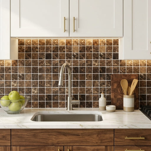 Emperador Dark (Spanish) Marble 2x2 Tumbled Mosaic — Kitchen backsplash