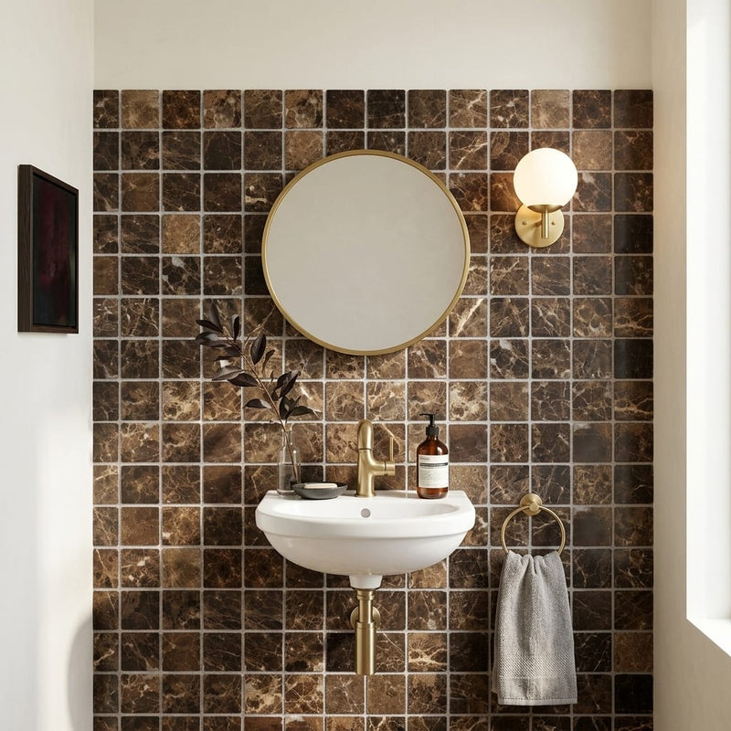 Emperador Dark (Spanish) Marble 2x2 Tumbled Mosaic — Powder Room wall