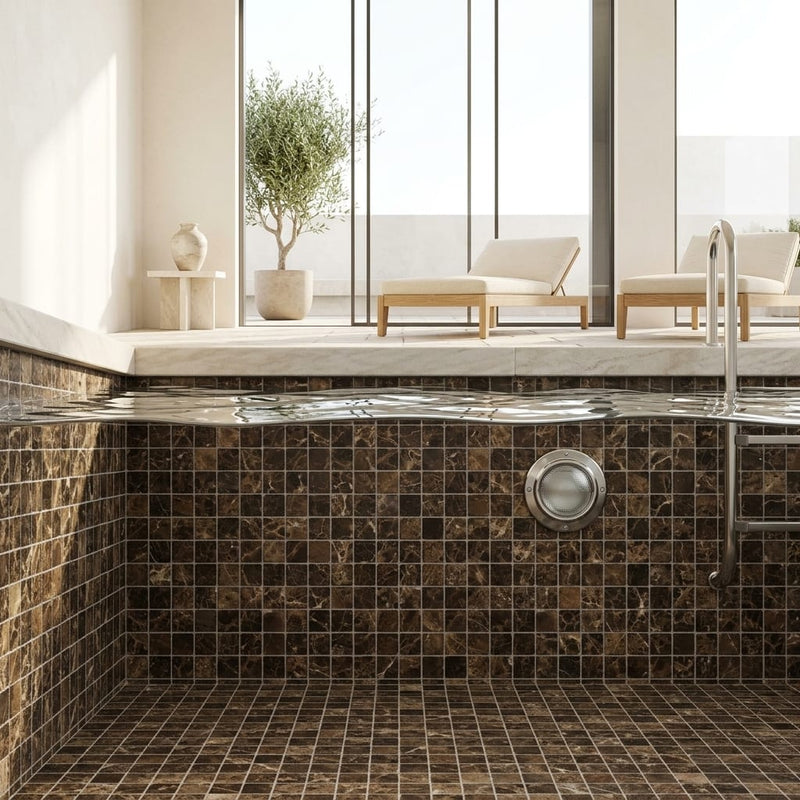 Emperador Dark (Spanish) Marble 2x2 Tumbled Mosaic — Swimming Pool pool interior tiling