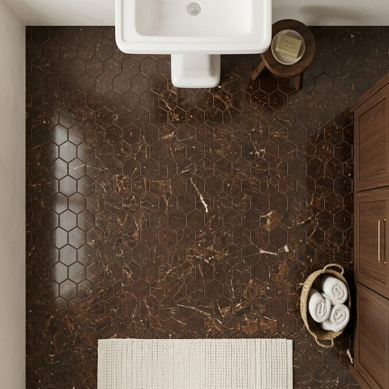 Emperador Dark (Spanish) Marble 3x3 Polished Hexagon Mosaic — Bathroom floor