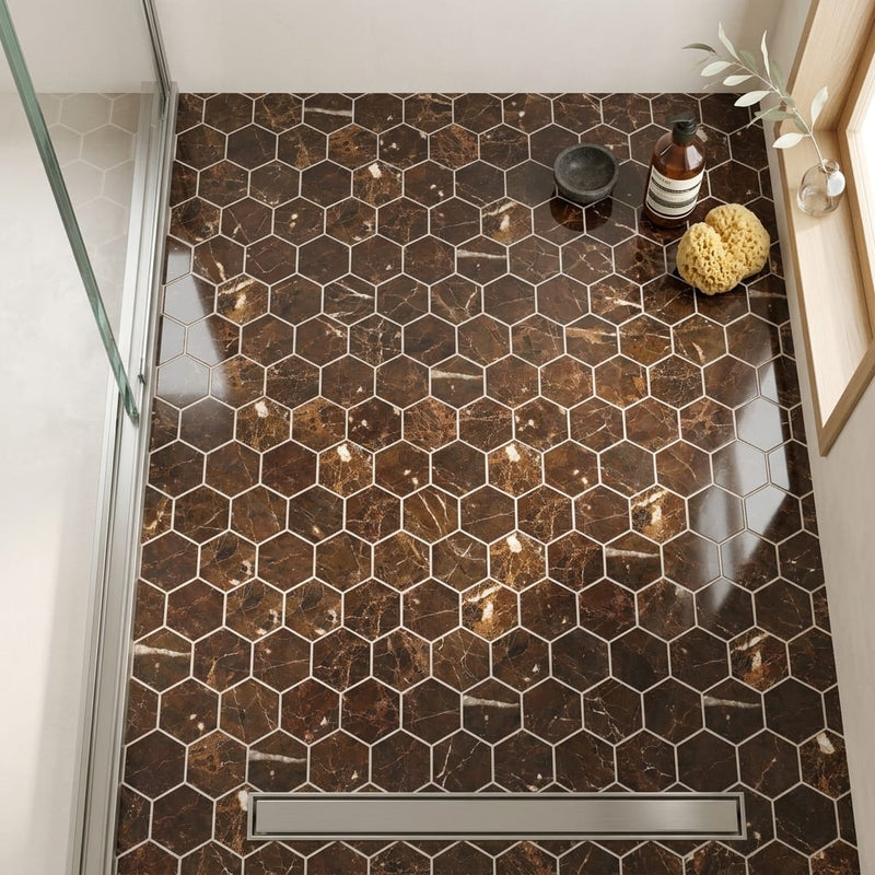 Emperador Dark (Spanish) Marble 3x3 Polished Hexagon Mosaic — Bathroom shower floor