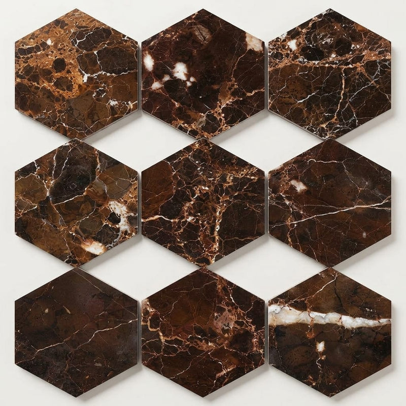 Emperador Dark (Spanish) Marble 3x3 Polished Hexagon Mosaic close-up