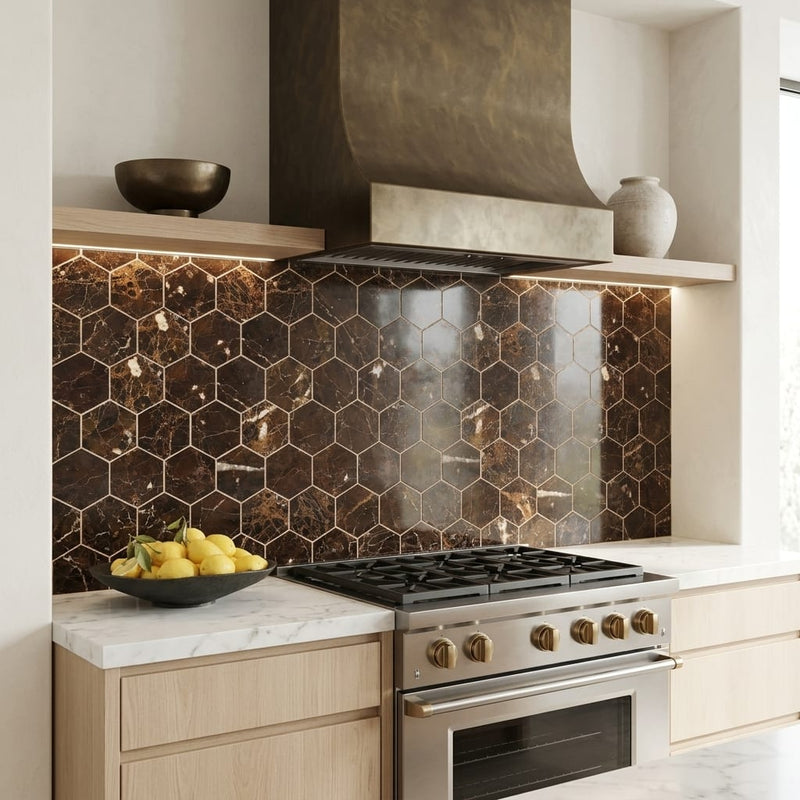Emperador Dark (Spanish) Marble 3x3 Polished Hexagon Mosaic — Kitchen backsplash