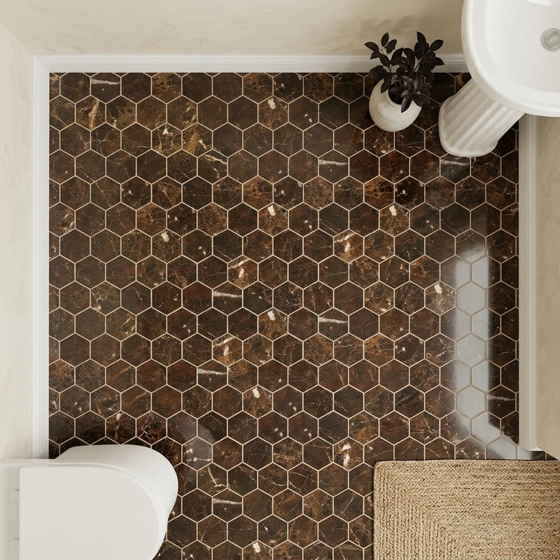 Emperador Dark (Spanish) Marble 3x3 Polished Hexagon Mosaic — Powder Room floor