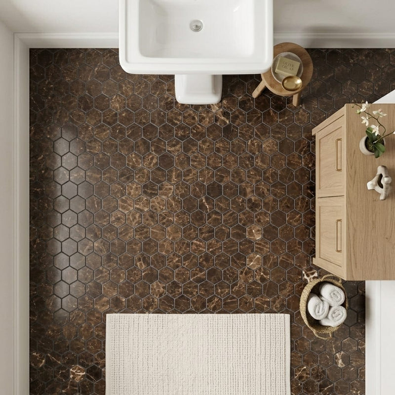 Emperador Dark (Spanish) Marble 3x3 Tumbled Hexagon Mosaic — Bathroom floor