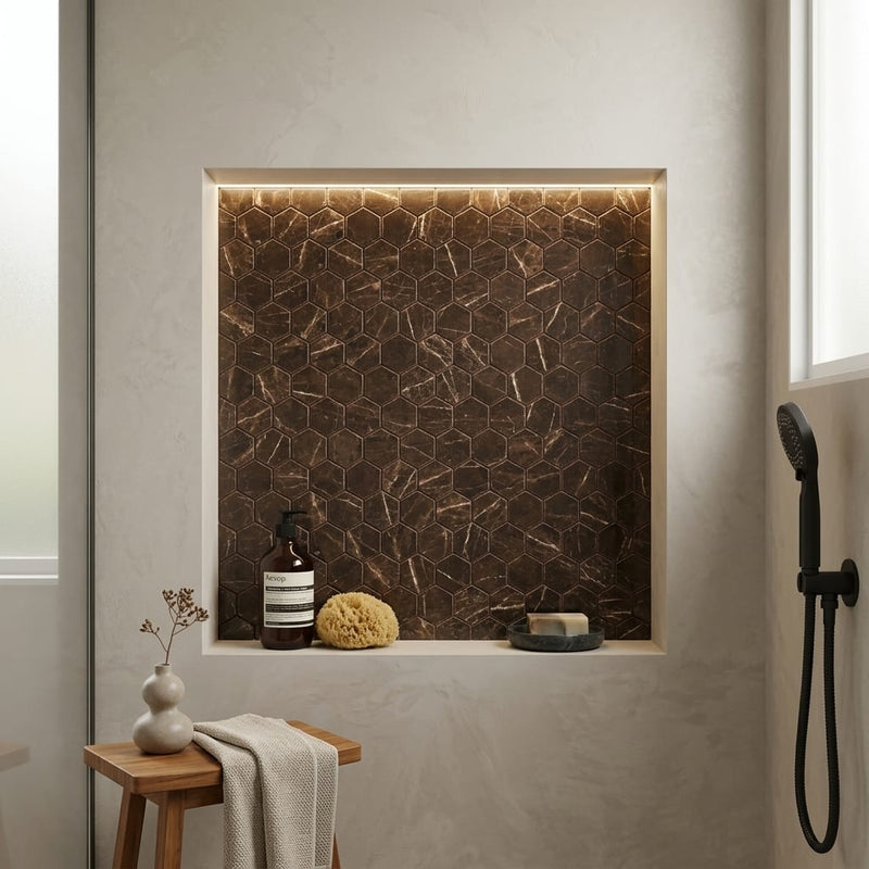 Emperador Dark (Spanish) Marble 3x3 Tumbled Hexagon Mosaic — Bathroom niche