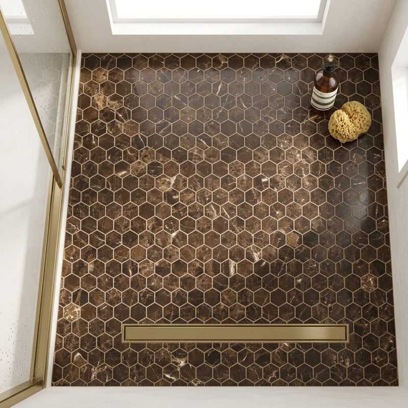 Emperador Dark (Spanish) Marble 3x3 Tumbled Hexagon Mosaic — Bathroom shower floor