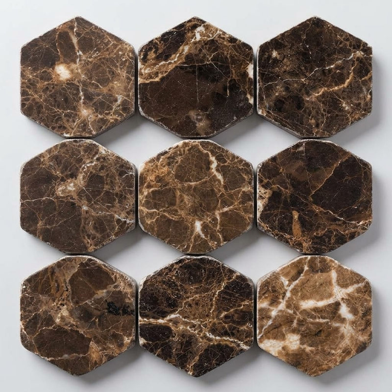 Emperador Dark (Spanish) Marble 3x3 Tumbled Hexagon Mosaic close-up