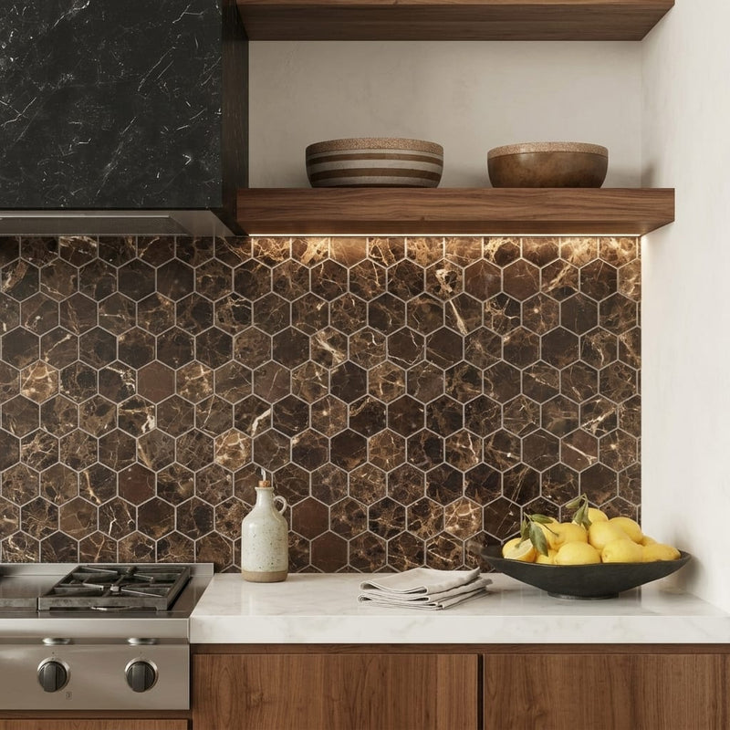 Emperador Dark (Spanish) Marble 3x3 Tumbled Hexagon Mosaic — Kitchen backsplash