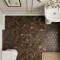 Emperador Dark (Spanish) Marble 3x3 Tumbled Hexagon Mosaic — Powder Room floor