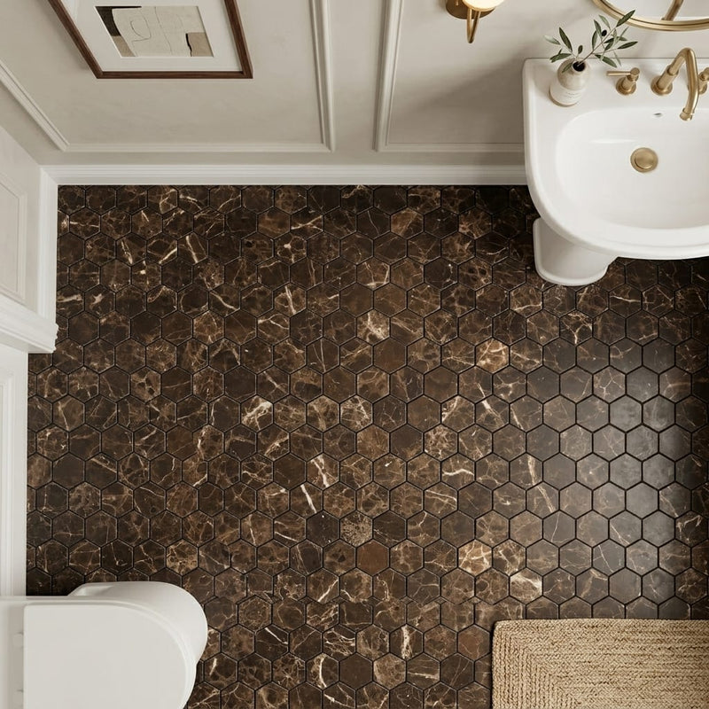 Emperador Dark (Spanish) Marble 3x3 Tumbled Hexagon Mosaic — Powder Room floor
