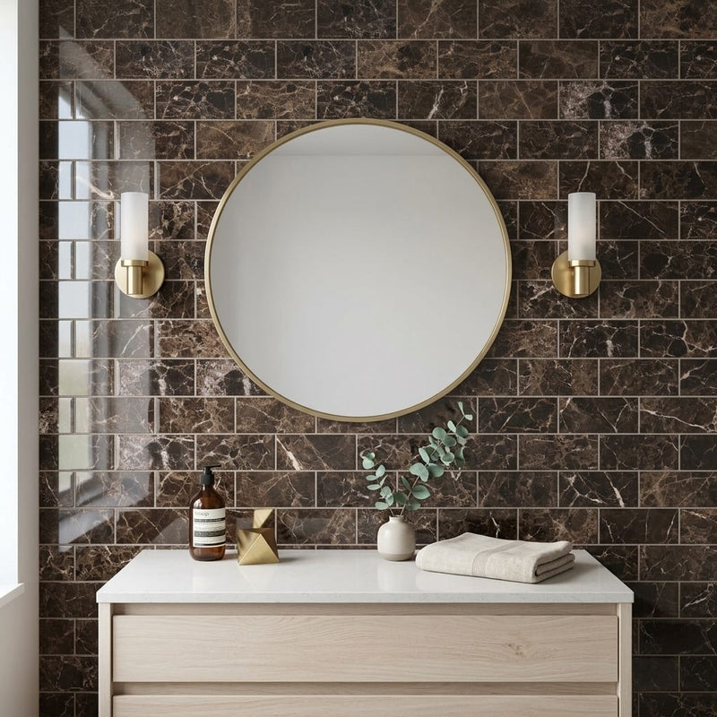 Emperador Dark (Spanish) Marble 3x6 Polished Tile — Bathroom wall