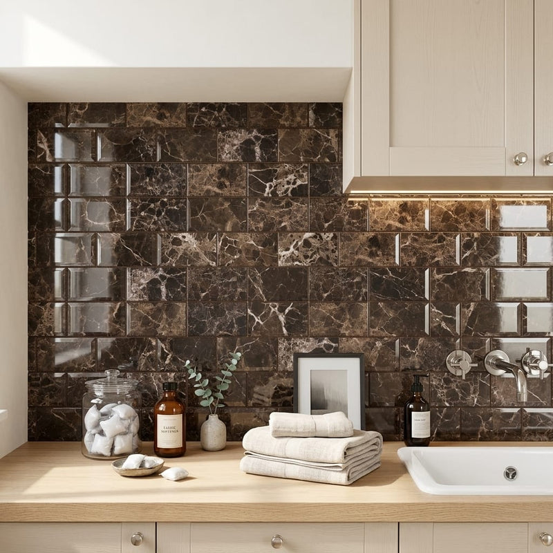 Emperador Dark (Spanish) Marble 3x6 Polished Tile — Laundry Room backsplash
