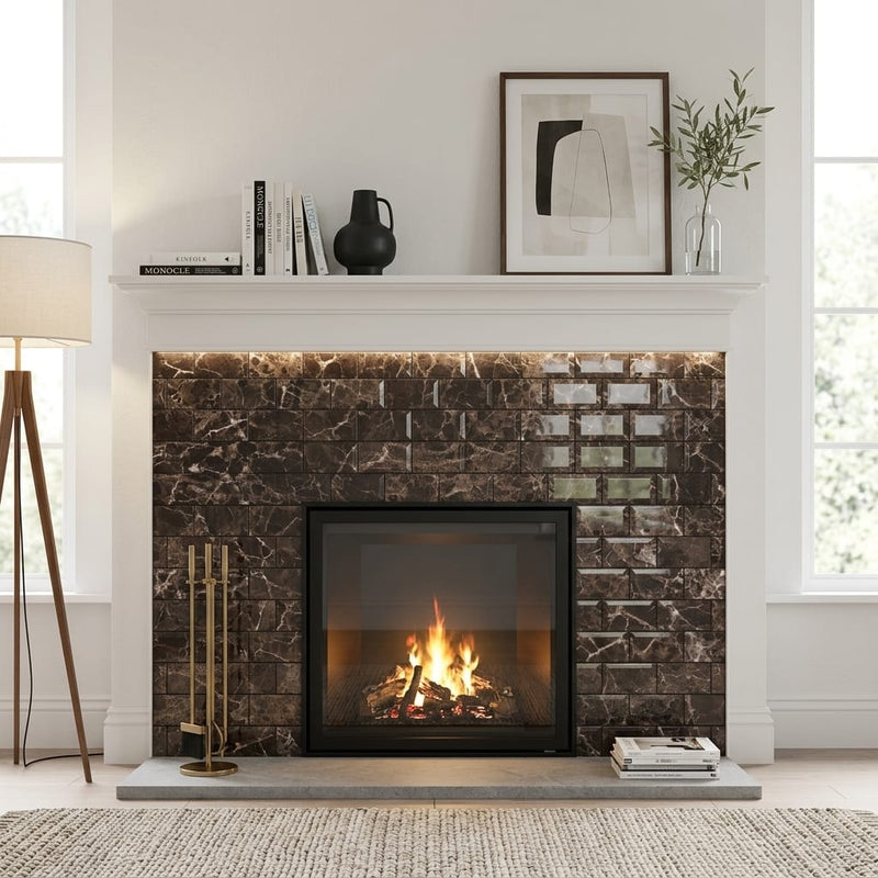 Emperador Dark (Spanish) Marble 3x6 Polished Tile — Living Room fireplace surround