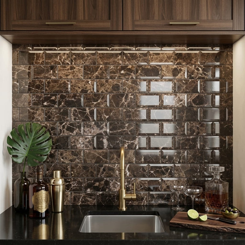 Emperador Dark (Spanish) Marble 3x6 Polished Tile — Wet Bar backsplash