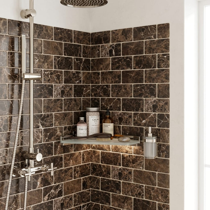 Emperador Dark (Spanish) Marble 3x6 Tumbled Tile — Bathroom shower wall